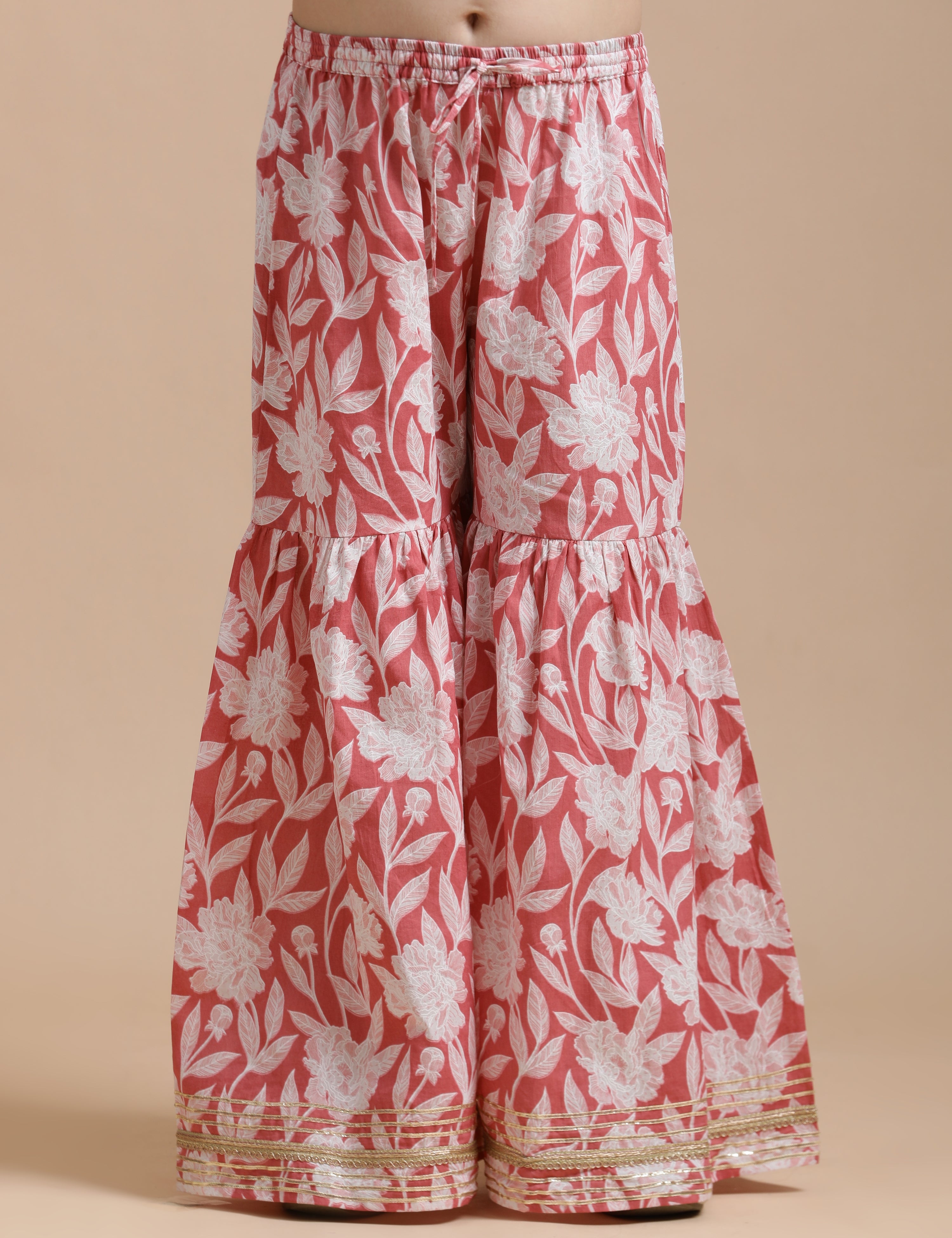 Girls Pure Cotton Floral Embroidered Anarkali Kurta With Sharara