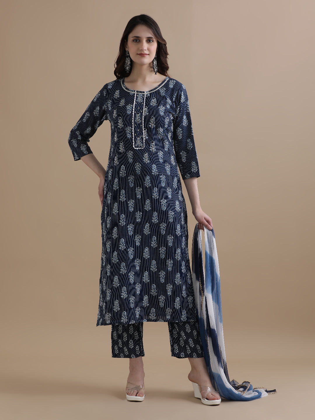 Floral Printed Kantha Work Pure Cotton Navy Blue Kurta With Pant & Chiffon Dupatta