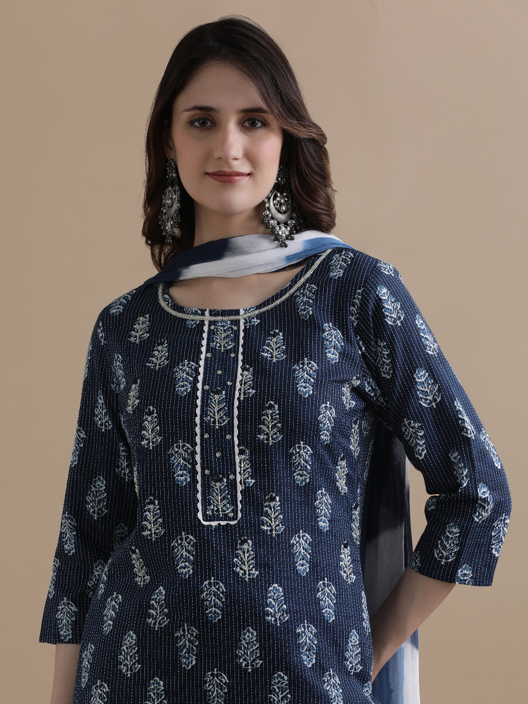 Floral Printed Kantha Work Pure Cotton Navy Blue Kurta With Pant & Chiffon Dupatta