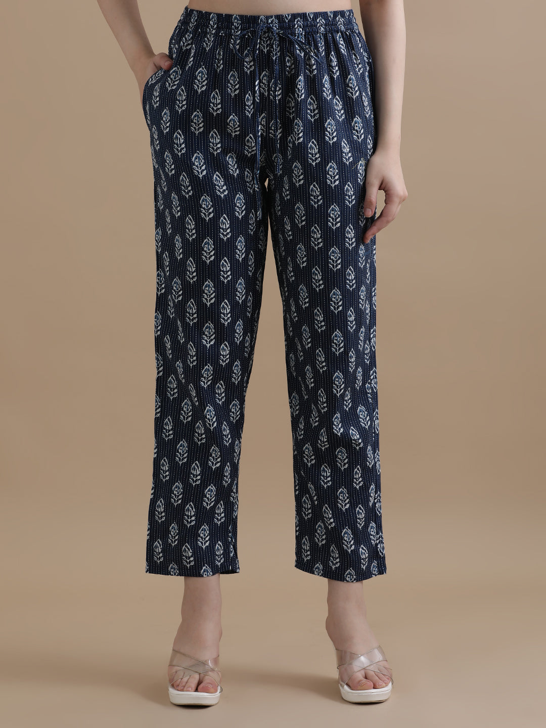 Floral Printed Kantha Work Pure Cotton Navy Blue Kurta With Pant & Chiffon Dupatta