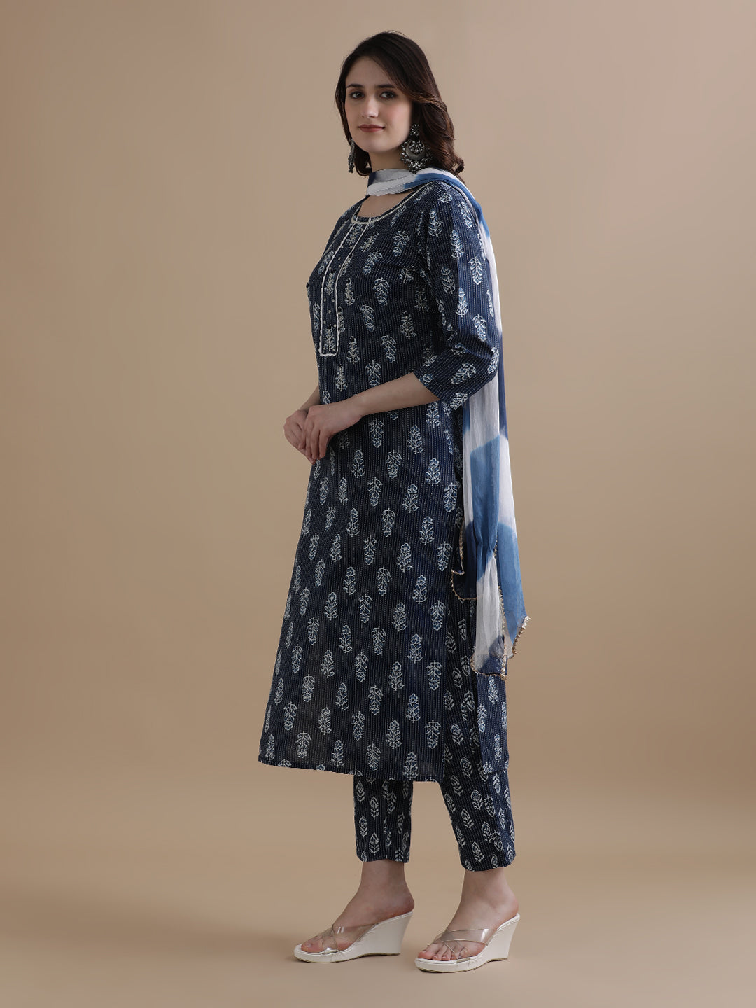 Floral Printed Kantha Work Pure Cotton Navy Blue Kurta With Pant & Chiffon Dupatta
