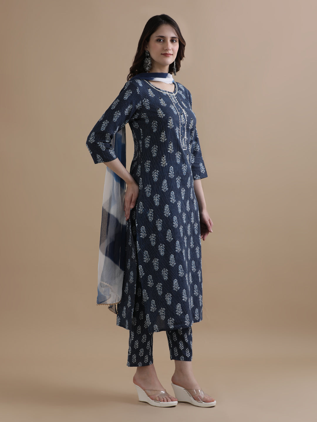 Floral Printed Kantha Work Pure Cotton Navy Blue Kurta With Pant & Chiffon Dupatta