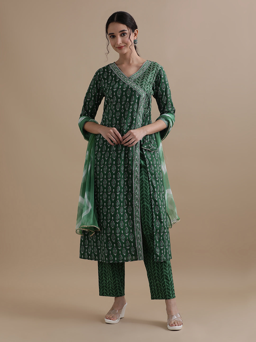 Green Angrakha Style Floral Printed Mirror Work Pure Cotton Kurta With Pant & Chiffon Dupatta