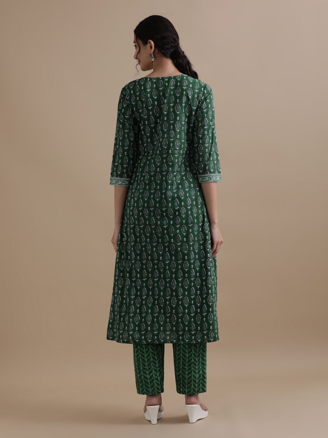 Green Angrakha Style Floral Printed Mirror Work Pure Cotton Kurta With Pant & Chiffon Dupatta