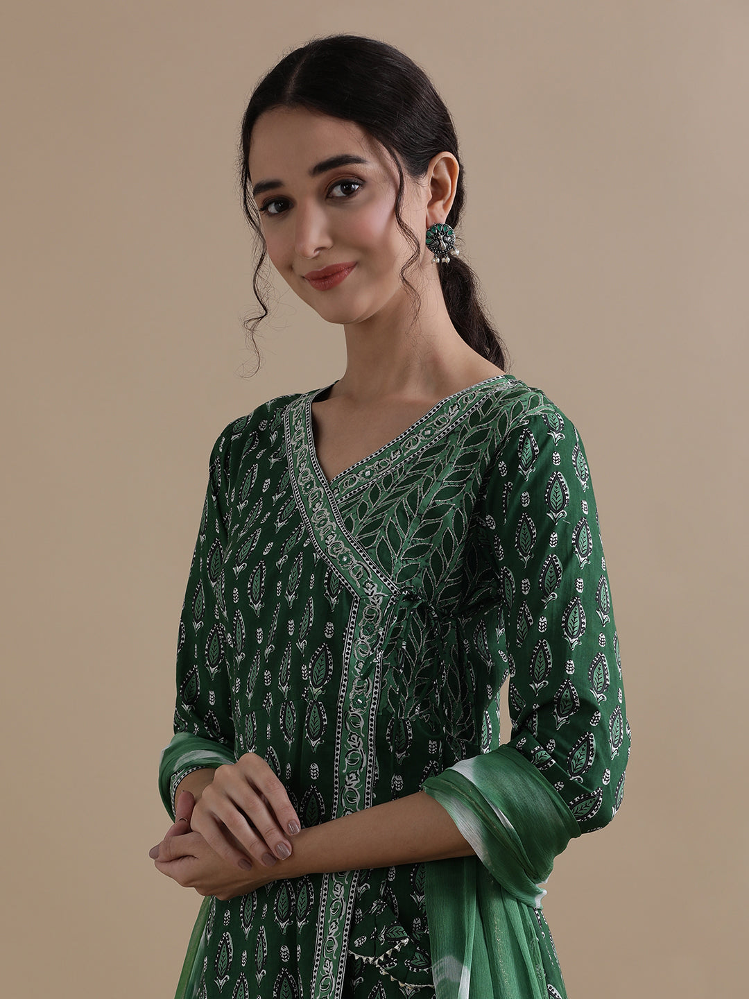 Green Angrakha Style Floral Printed Mirror Work Pure Cotton Kurta With Pant & Chiffon Dupatta