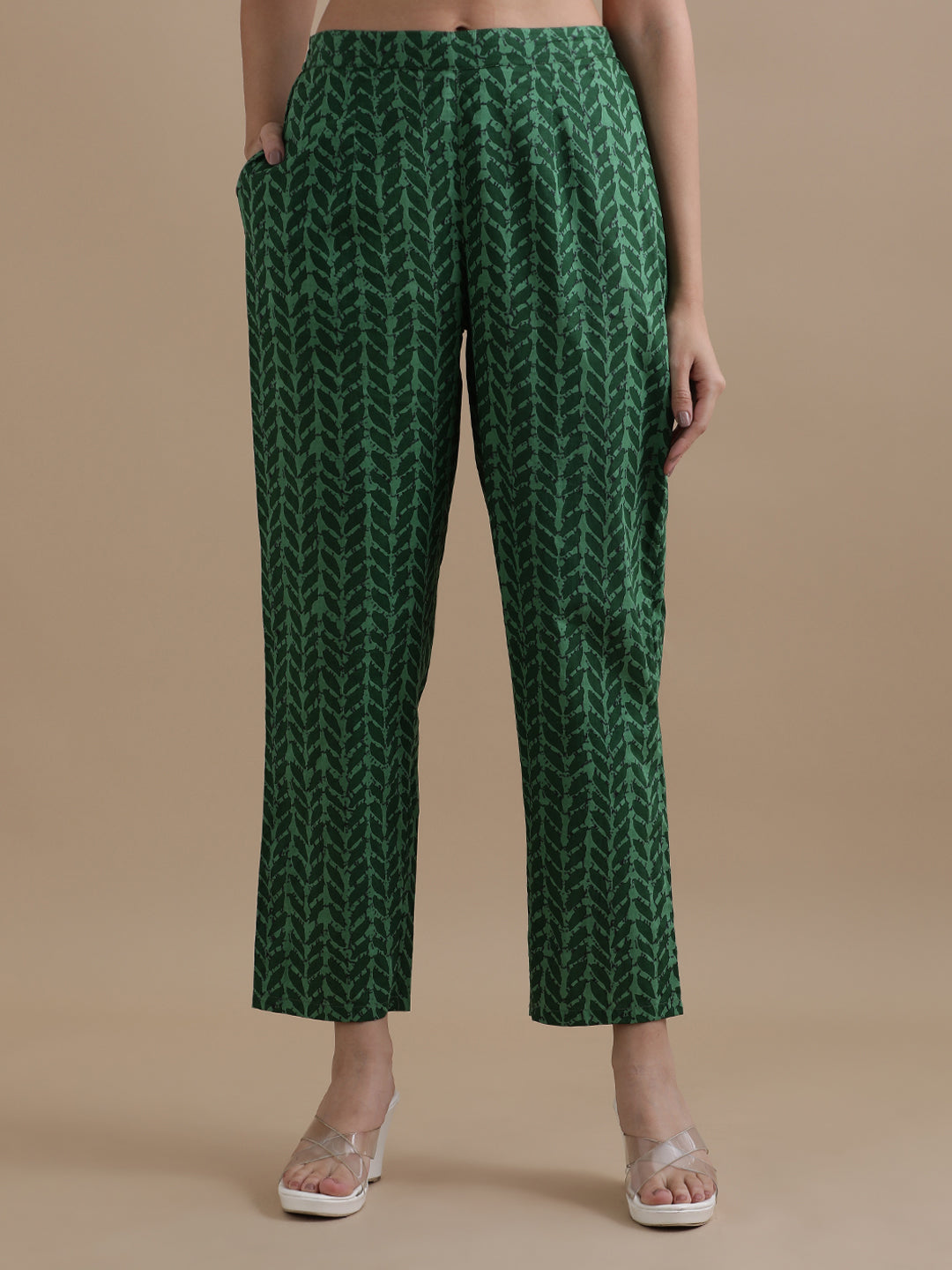 Green Angrakha Style Floral Printed Mirror Work Pure Cotton Kurta With Pant & Chiffon Dupatta