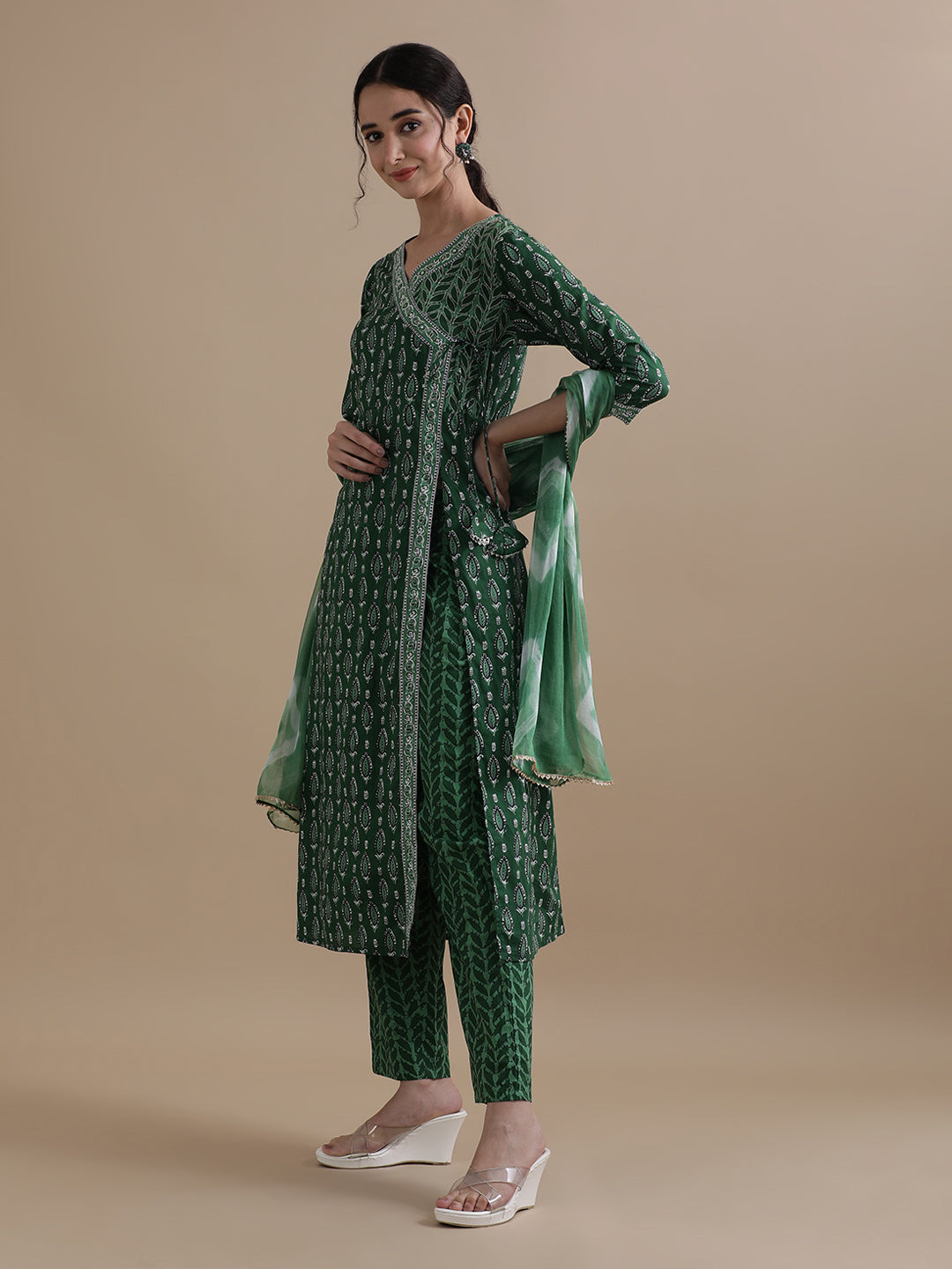 Green Angrakha Style Floral Printed Mirror Work Pure Cotton Kurta With Pant & Chiffon Dupatta