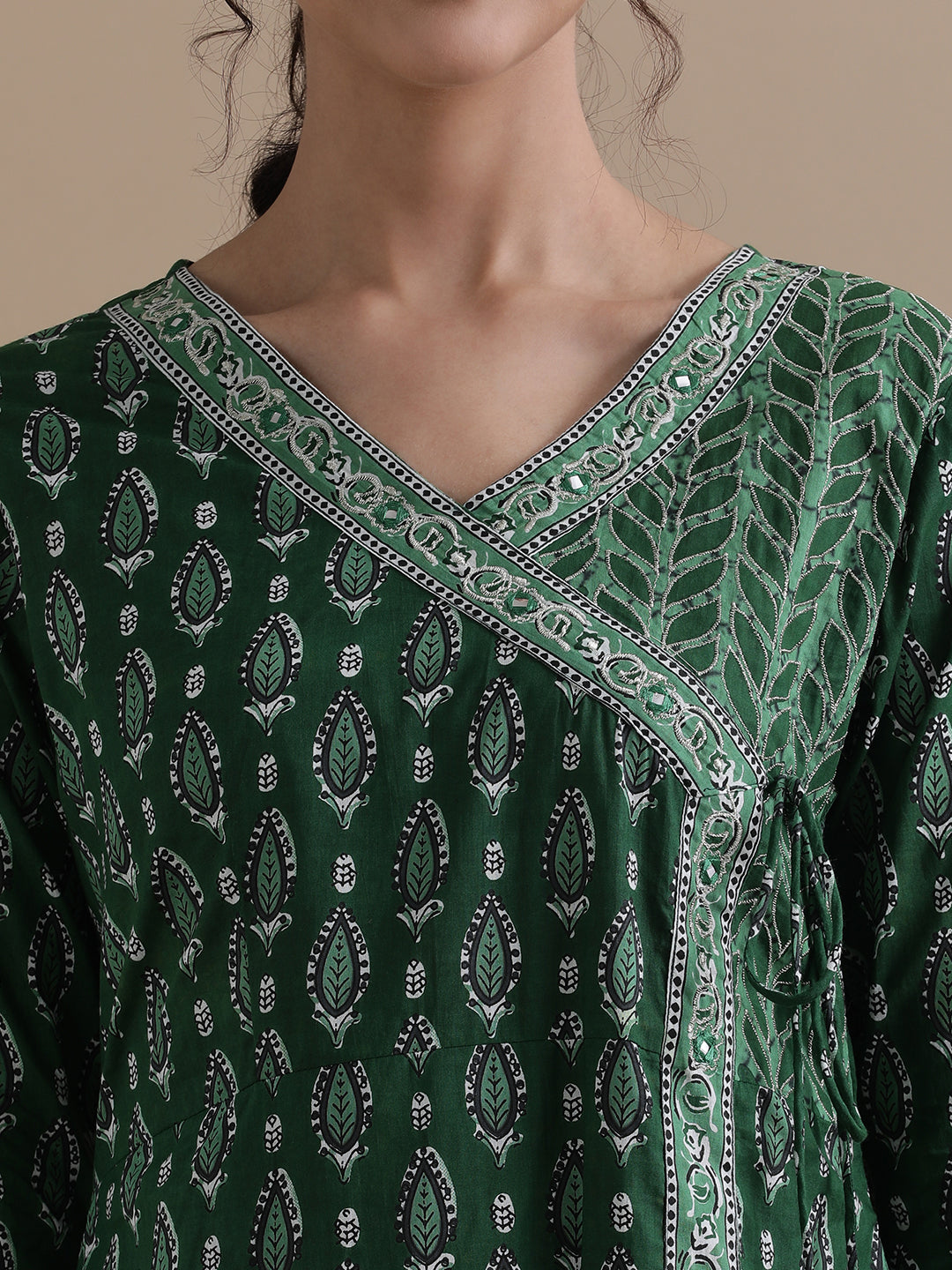 Green Angrakha Style Floral Printed Mirror Work Pure Cotton Kurta With Pant & Chiffon Dupatta