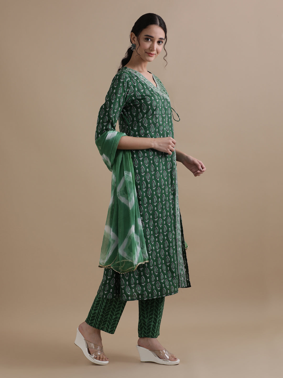 Green Angrakha Style Floral Printed Mirror Work Pure Cotton Kurta With Pant & Chiffon Dupatta