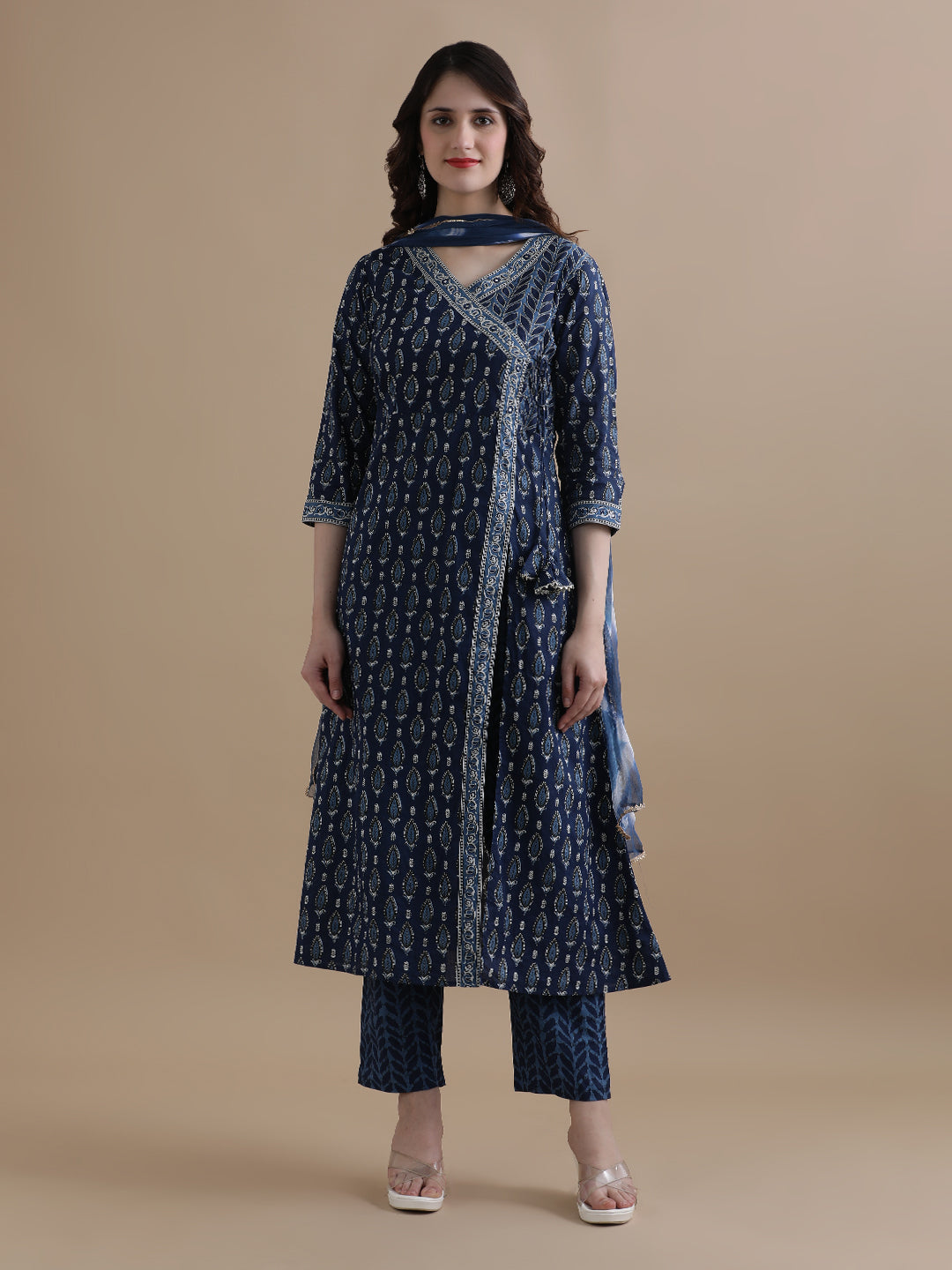 Navy Blue Angrakha Style Floral Printed Mirror Work Pure Cotton Kurta With Pant & Chiffon Dupatta
