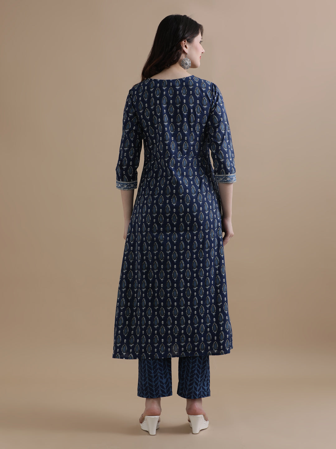 Navy Blue Angrakha Style Floral Printed Mirror Work Pure Cotton Kurta With Pant & Chiffon Dupatta