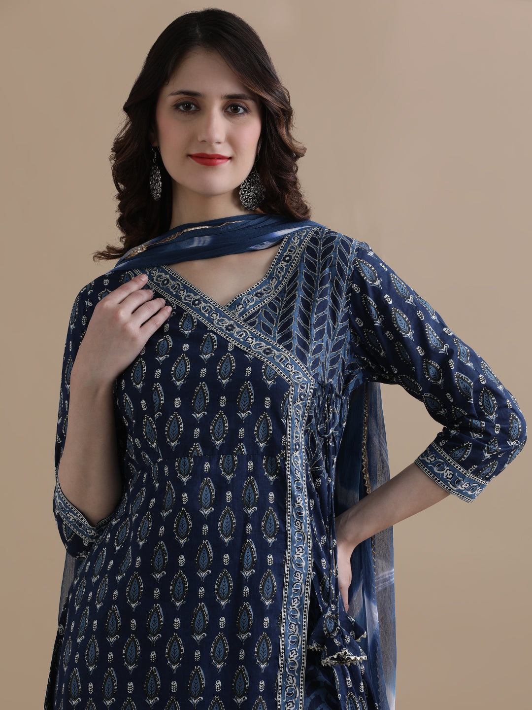 Navy Blue Angrakha Style Floral Printed Mirror Work Pure Cotton Kurta With Pant & Chiffon Dupatta