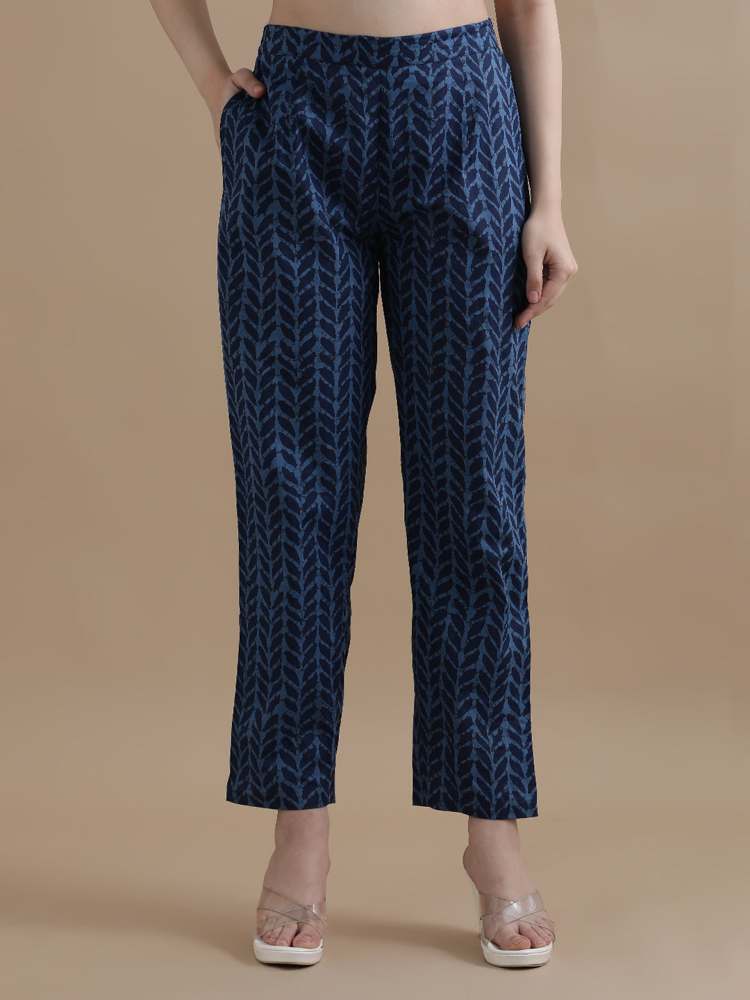 Navy Blue Angrakha Style Floral Printed Mirror Work Pure Cotton Kurta With Pant & Chiffon Dupatta