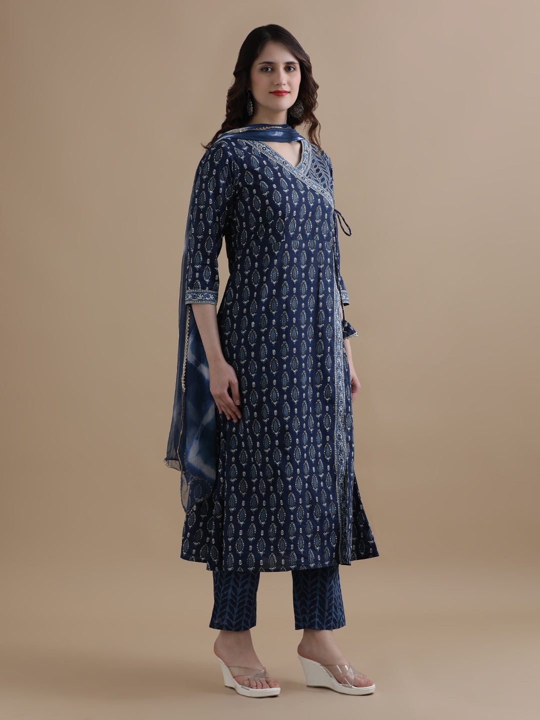 Navy Blue Angrakha Style Floral Printed Mirror Work Pure Cotton Kurta With Pant & Chiffon Dupatta