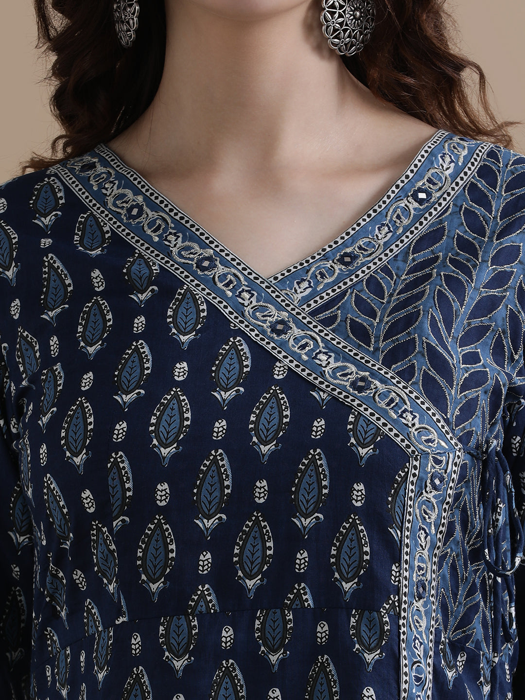 Navy Blue Angrakha Style Floral Printed Mirror Work Pure Cotton Kurta With Pant & Chiffon Dupatta