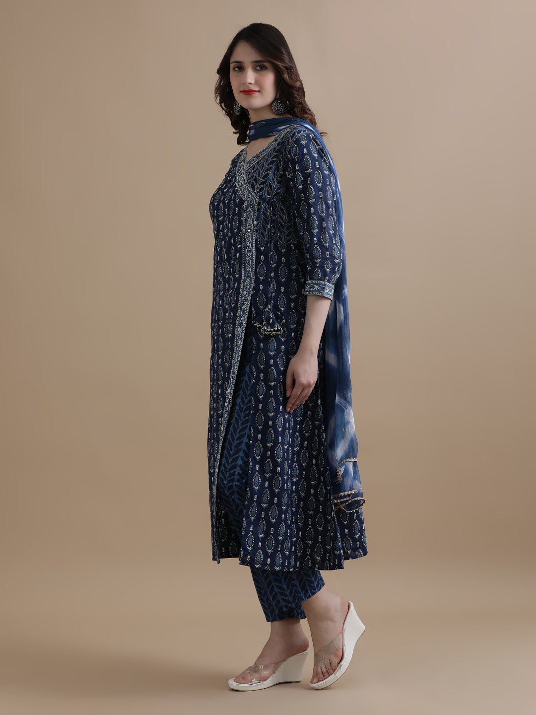 Navy Blue Angrakha Style Floral Printed Mirror Work Pure Cotton Kurta With Pant & Chiffon Dupatta