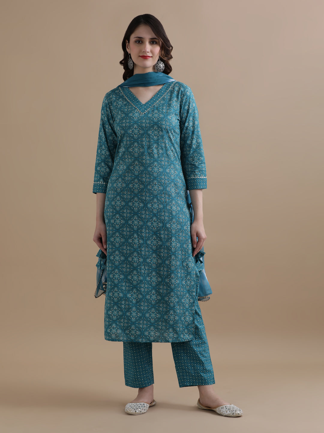 Blue Floral Printed Gotta Patti Pure Cotton Kurta With Pant & Chiffon Dupatta