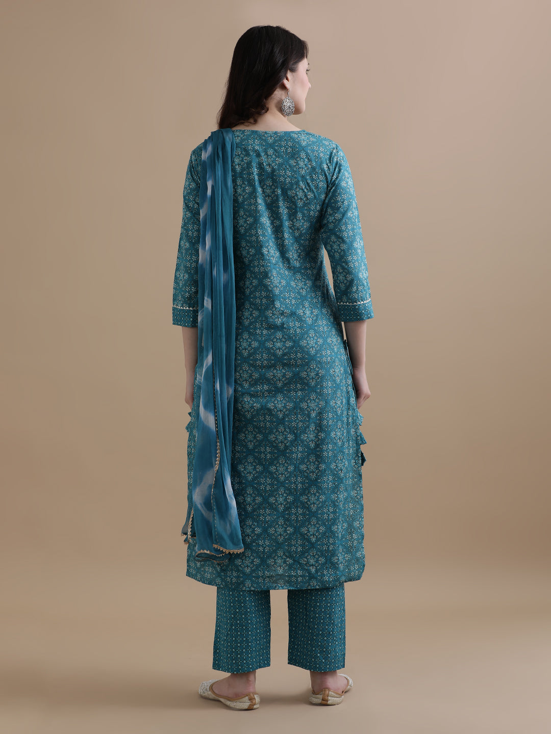 Blue Floral Printed Gotta Patti Pure Cotton Kurta With Pant & Chiffon Dupatta