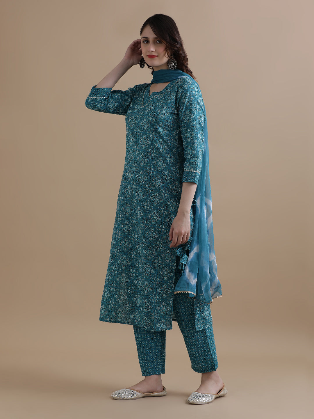 Blue Floral Printed Gotta Patti Pure Cotton Kurta With Pant & Chiffon Dupatta