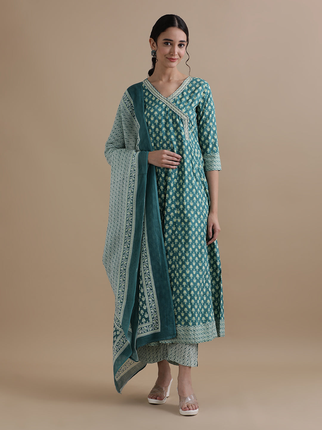 Teal Angrakha Style Floral Printed Thread Work Pure Cotton Kurta With Pant & Chiffon Dupatta