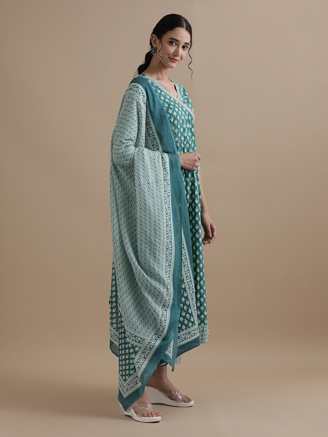 Teal Angrakha Style Floral Printed Thread Work Pure Cotton Kurta With Pant & Chiffon Dupatta