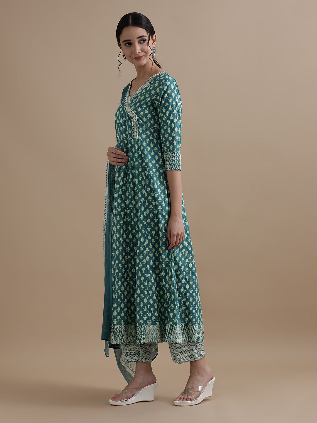 Teal Angrakha Style Floral Printed Thread Work Pure Cotton Kurta With Pant & Chiffon Dupatta