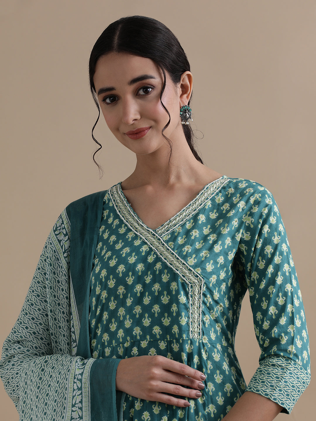 Teal Angrakha Style Floral Printed Thread Work Pure Cotton Kurta With Pant & Chiffon Dupatta