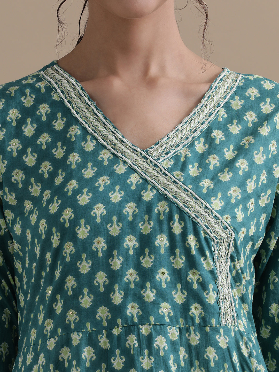 Teal Angrakha Style Floral Printed Thread Work Pure Cotton Kurta With Pant & Chiffon Dupatta