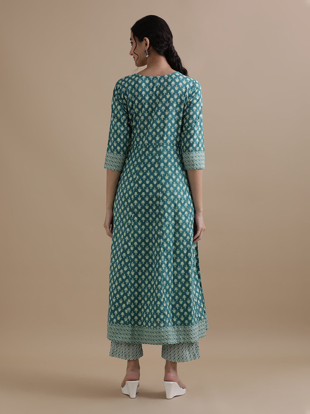 Teal Angrakha Style Floral Printed Thread Work Pure Cotton Kurta With Pant & Chiffon Dupatta