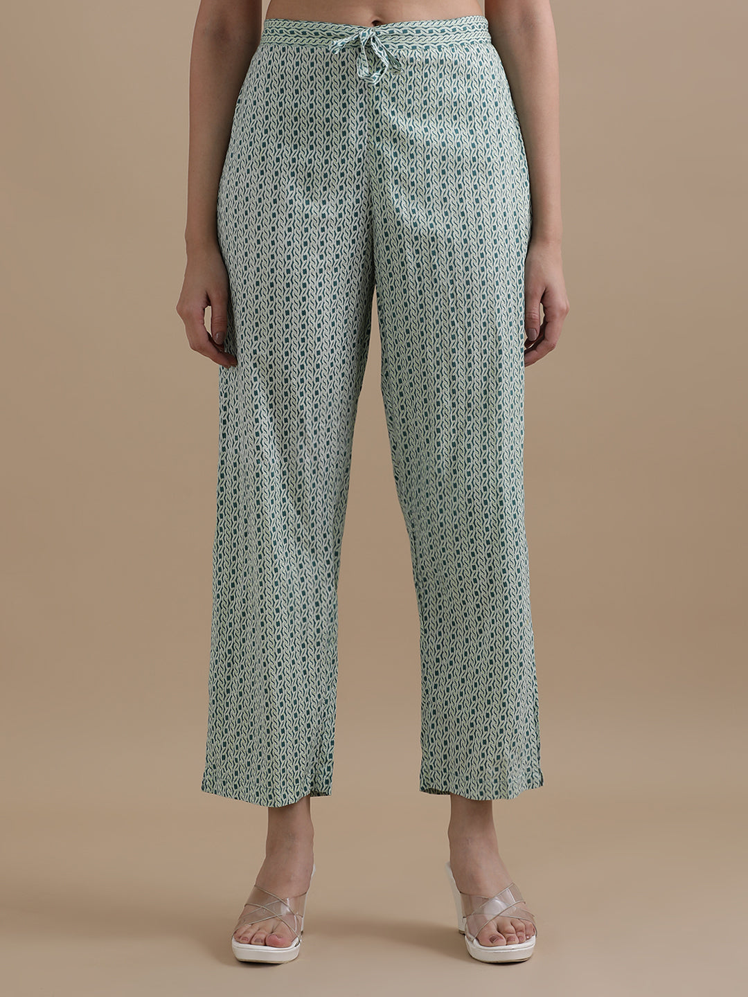 Teal Angrakha Style Floral Printed Thread Work Pure Cotton Kurta With Pant & Chiffon Dupatta