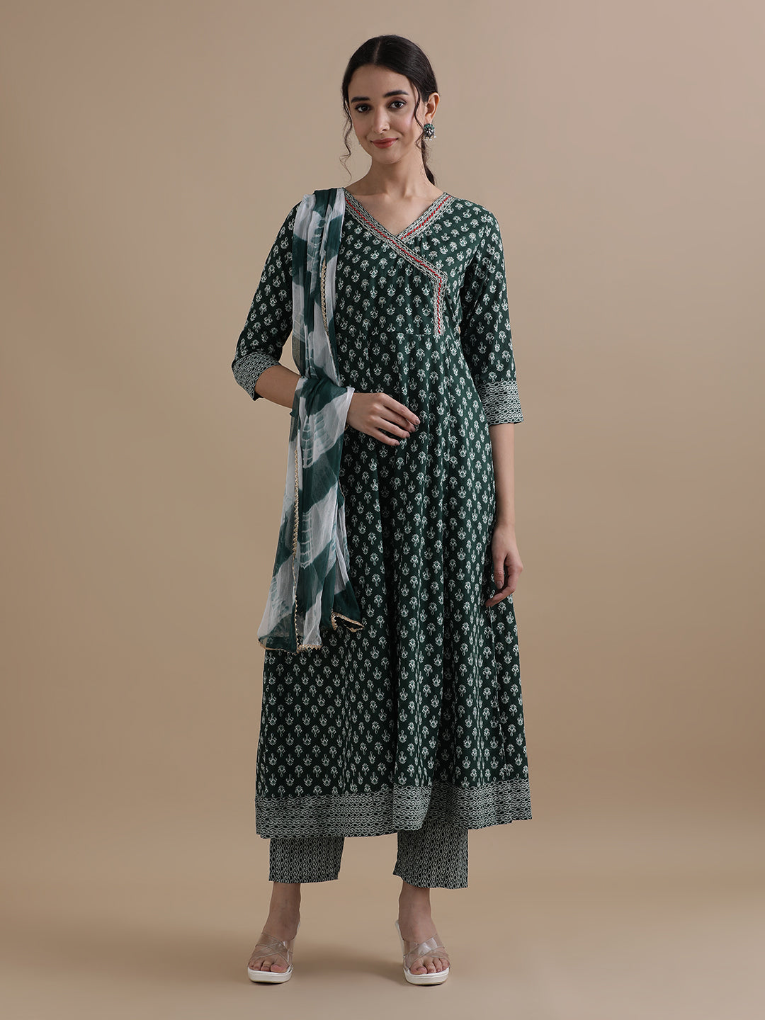 Green Angrakha Style Floral Printed Thread Work Pure Cotton Kurta With Pant & Chiffon Dupatta