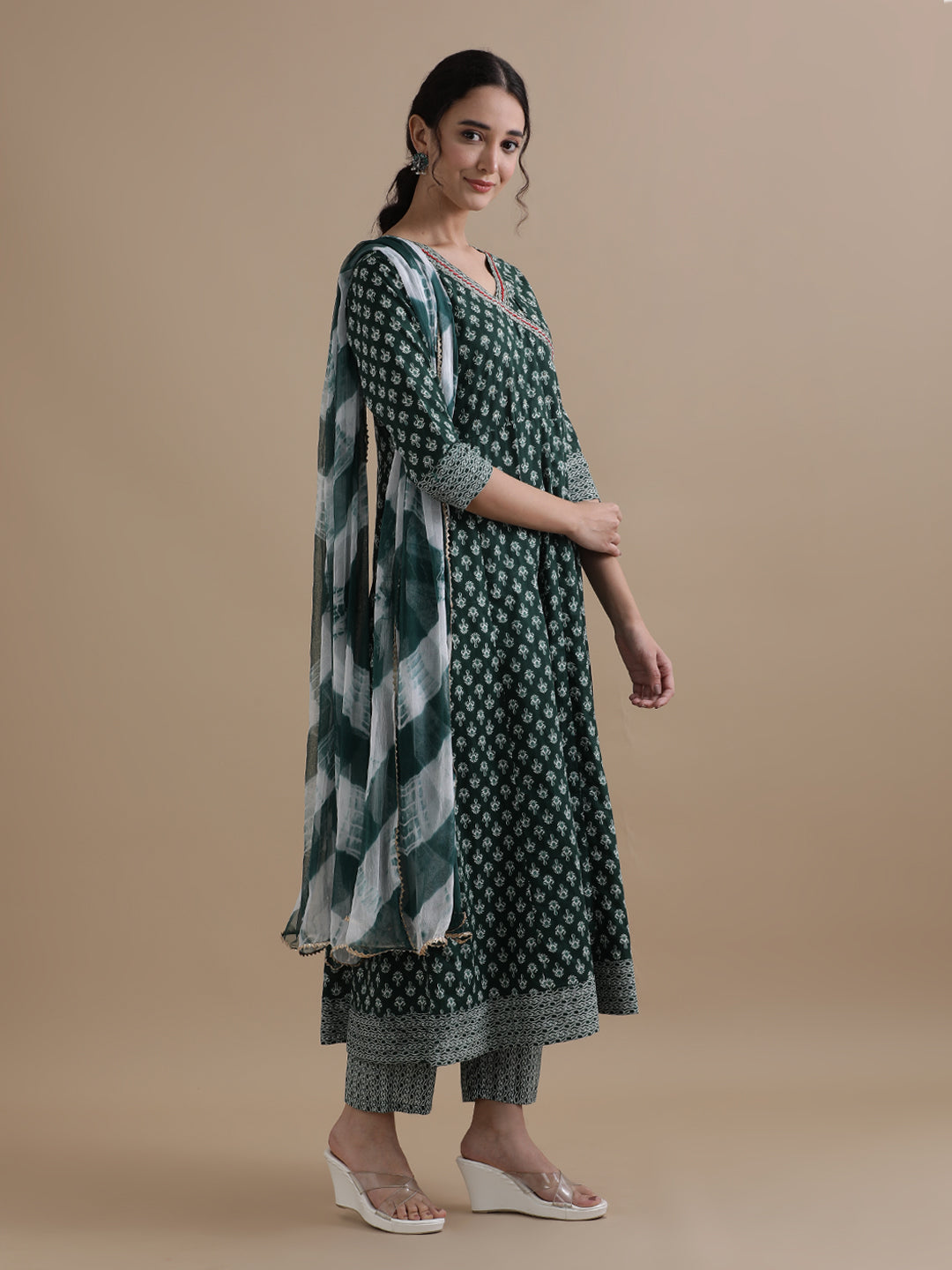 Green Angrakha Style Floral Printed Thread Work Pure Cotton Kurta With Pant & Chiffon Dupatta