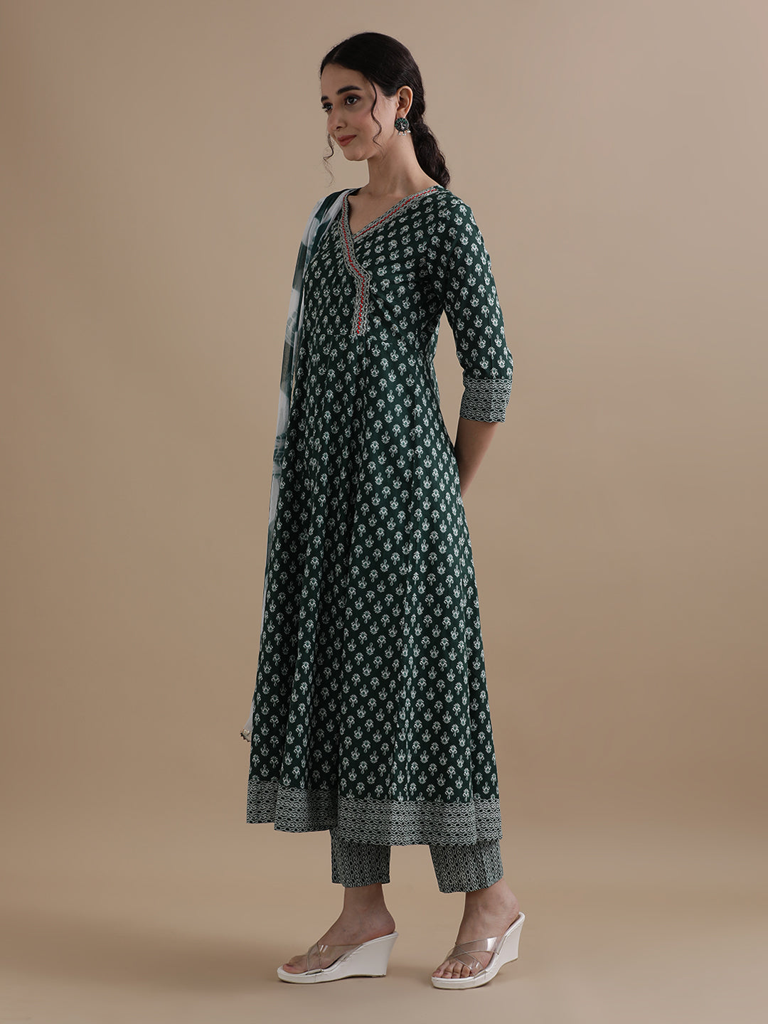 Green Angrakha Style Floral Printed Thread Work Pure Cotton Kurta With Pant & Chiffon Dupatta