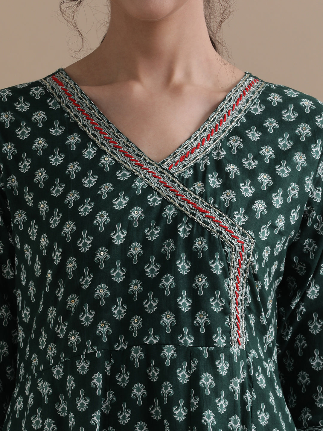 Green Angrakha Style Floral Printed Thread Work Pure Cotton Kurta With Pant & Chiffon Dupatta