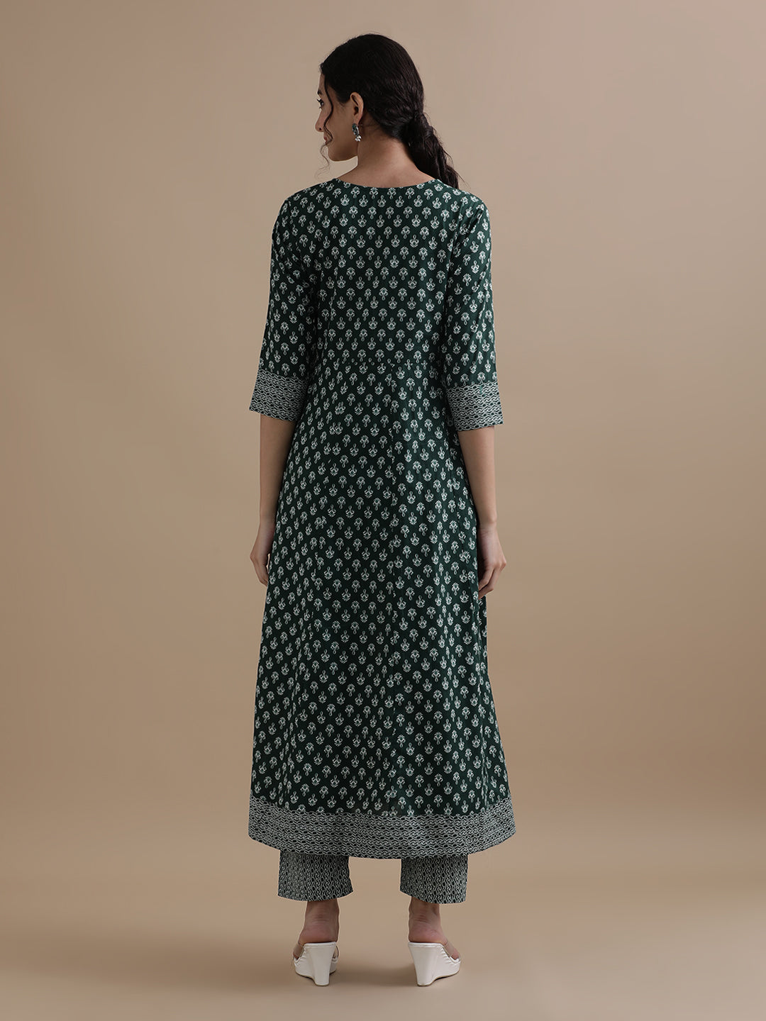 Green Angrakha Style Floral Printed Thread Work Pure Cotton Kurta With Pant & Chiffon Dupatta