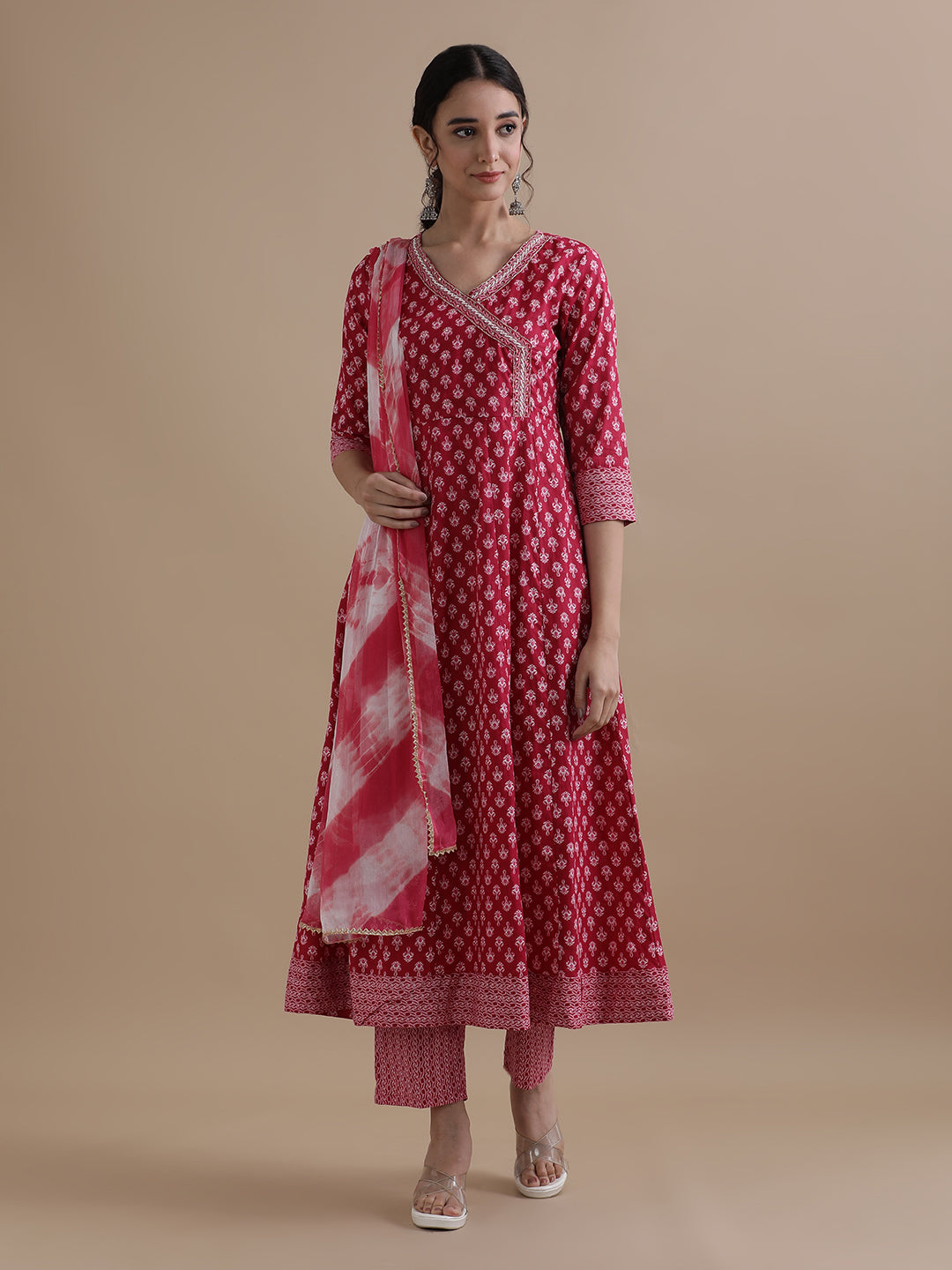 Pink Angrakha Style Floral Printed Thread Work Pure Cotton Kurta With Pant & Chiffon Dupatta