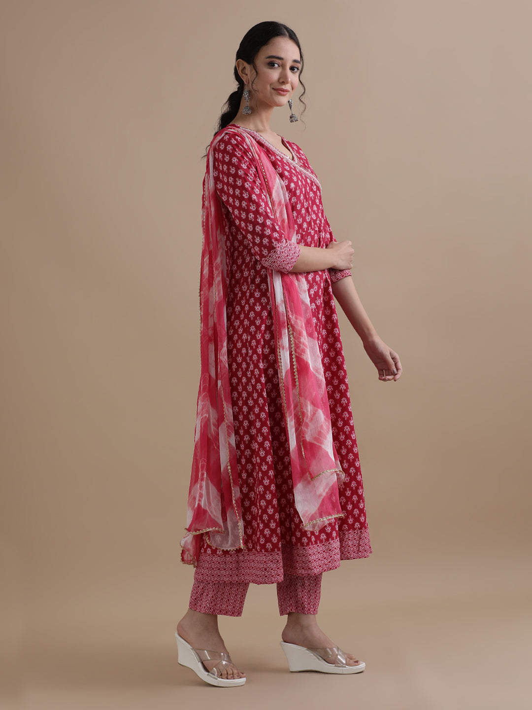 Pink Angrakha Style Floral Printed Thread Work Pure Cotton Kurta With Pant & Chiffon Dupatta