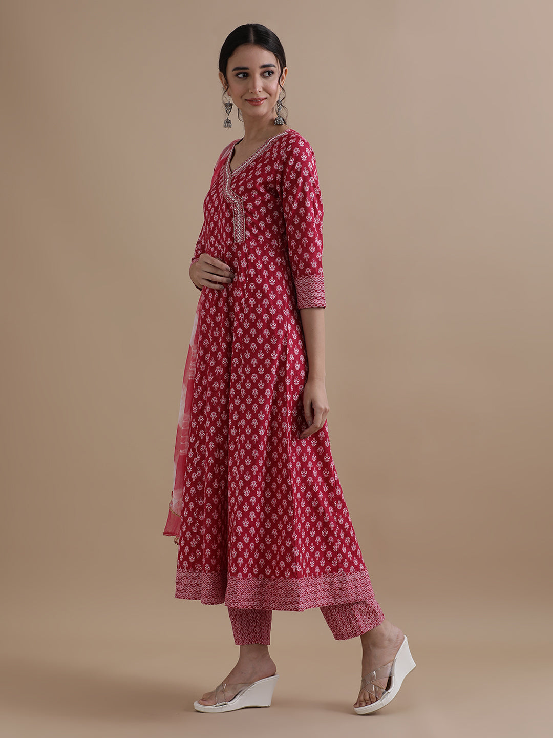 Pink Angrakha Style Floral Printed Thread Work Pure Cotton Kurta With Pant & Chiffon Dupatta