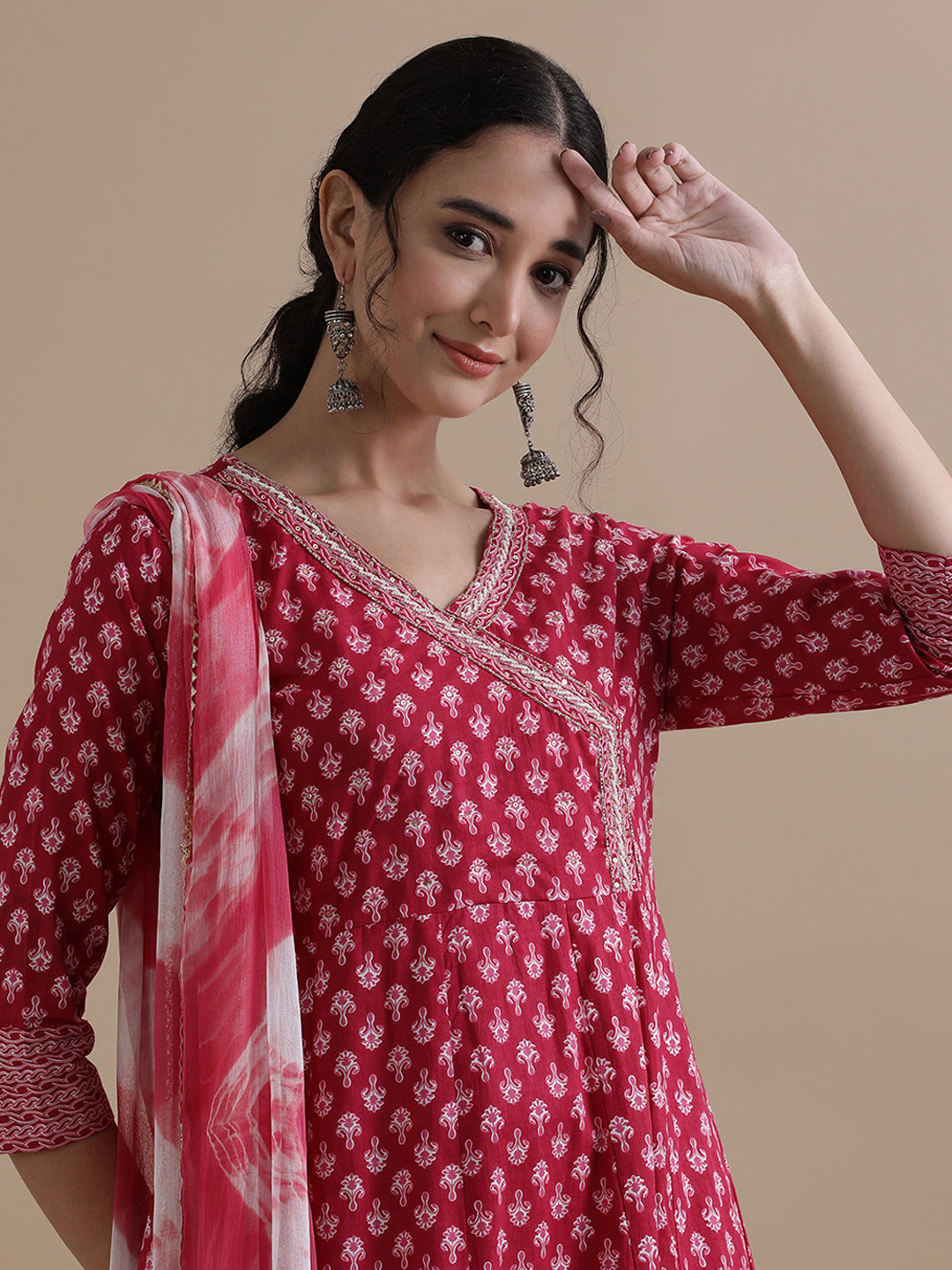 Pink Angrakha Style Floral Printed Thread Work Pure Cotton Kurta With Pant & Chiffon Dupatta