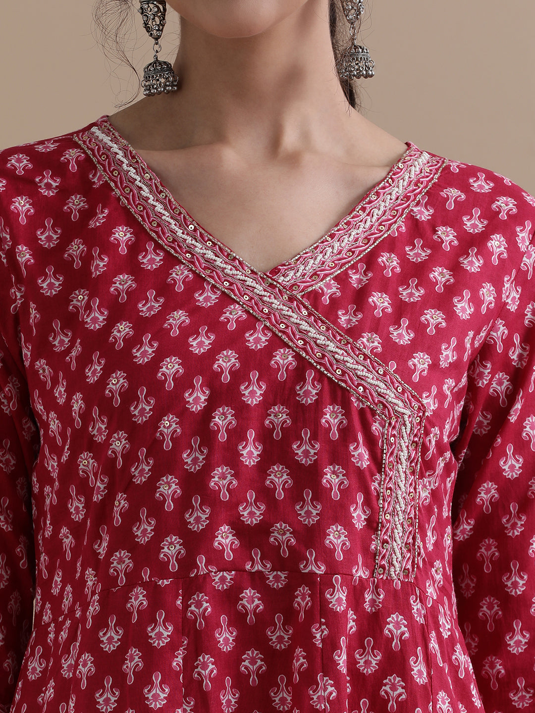 Pink Angrakha Style Floral Printed Thread Work Pure Cotton Kurta With Pant & Chiffon Dupatta