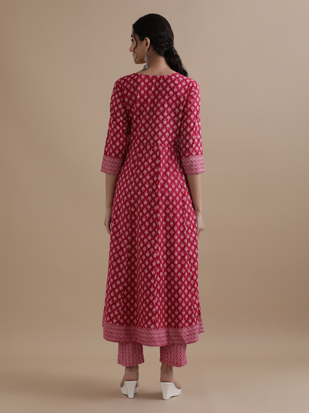 Pink Angrakha Style Floral Printed Thread Work Pure Cotton Kurta With Pant & Chiffon Dupatta