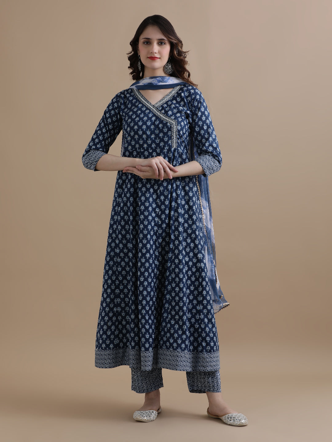 Navy Blue Angrakha Style Floral Printed Thread Work Pure Cotton Kurta With Pant & Chiffon Dupatta