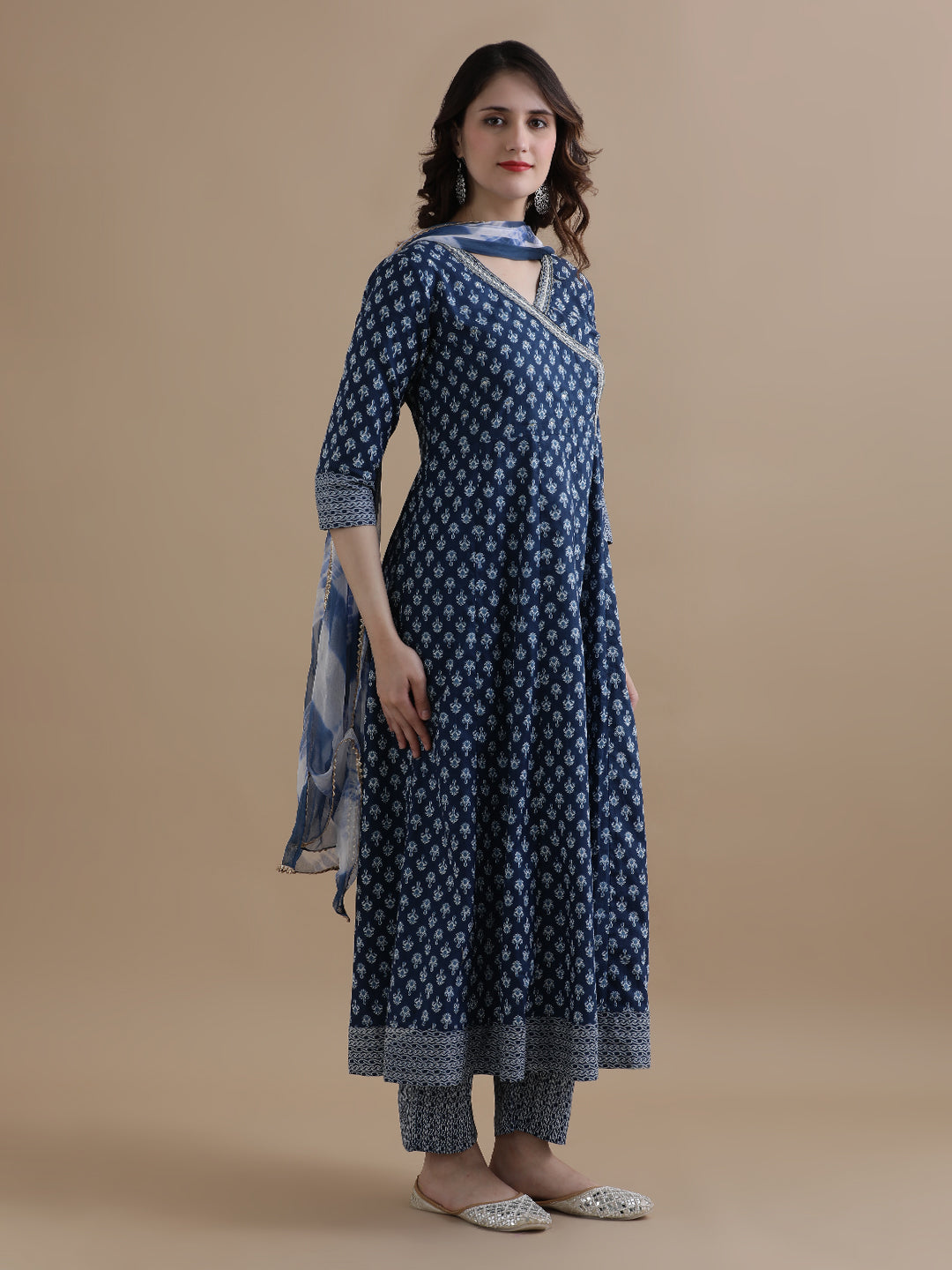 Navy Blue Angrakha Style Floral Printed Thread Work Pure Cotton Kurta With Pant & Chiffon Dupatta