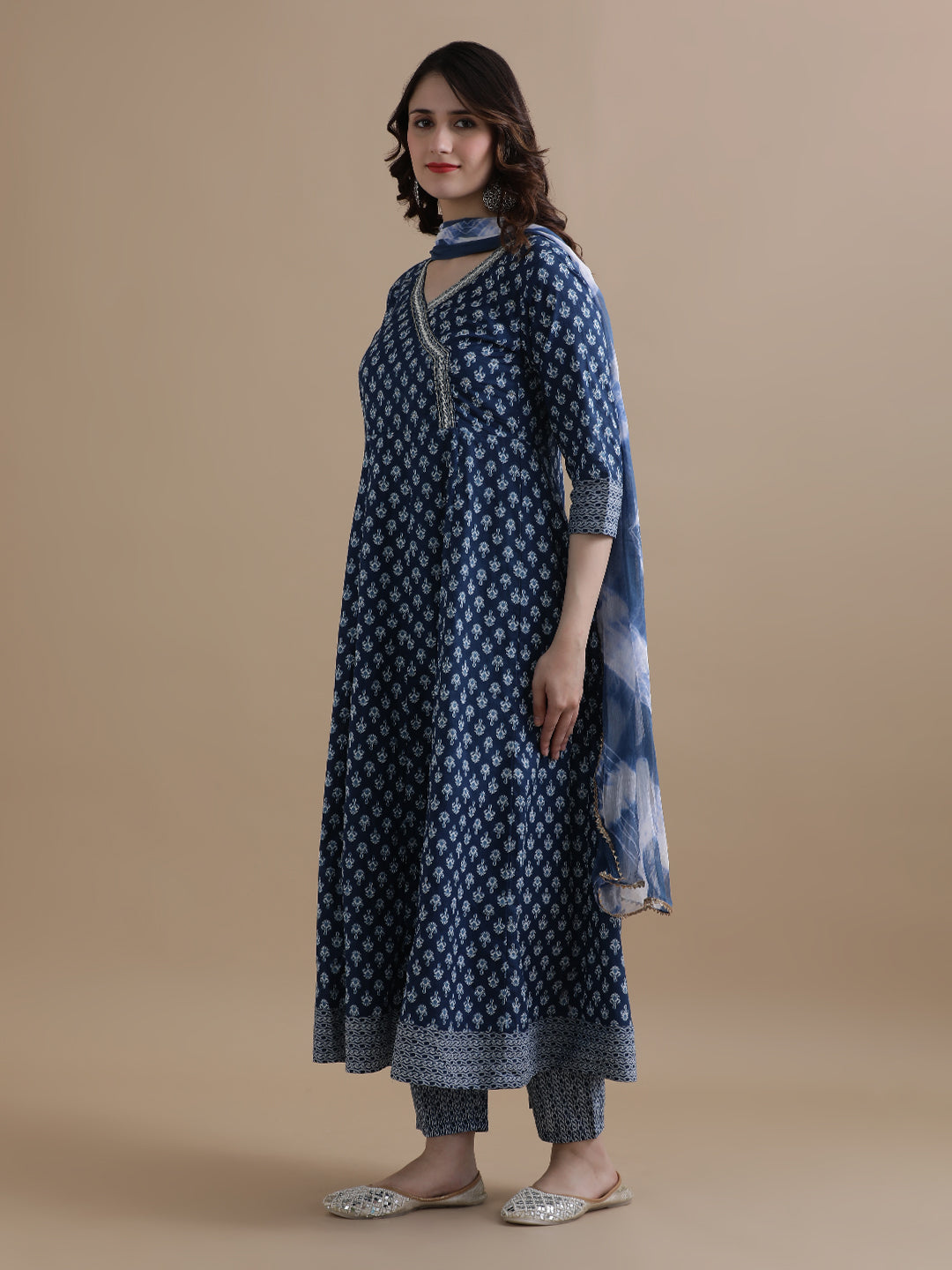 Navy Blue Angrakha Style Floral Printed Thread Work Pure Cotton Kurta With Pant & Chiffon Dupatta