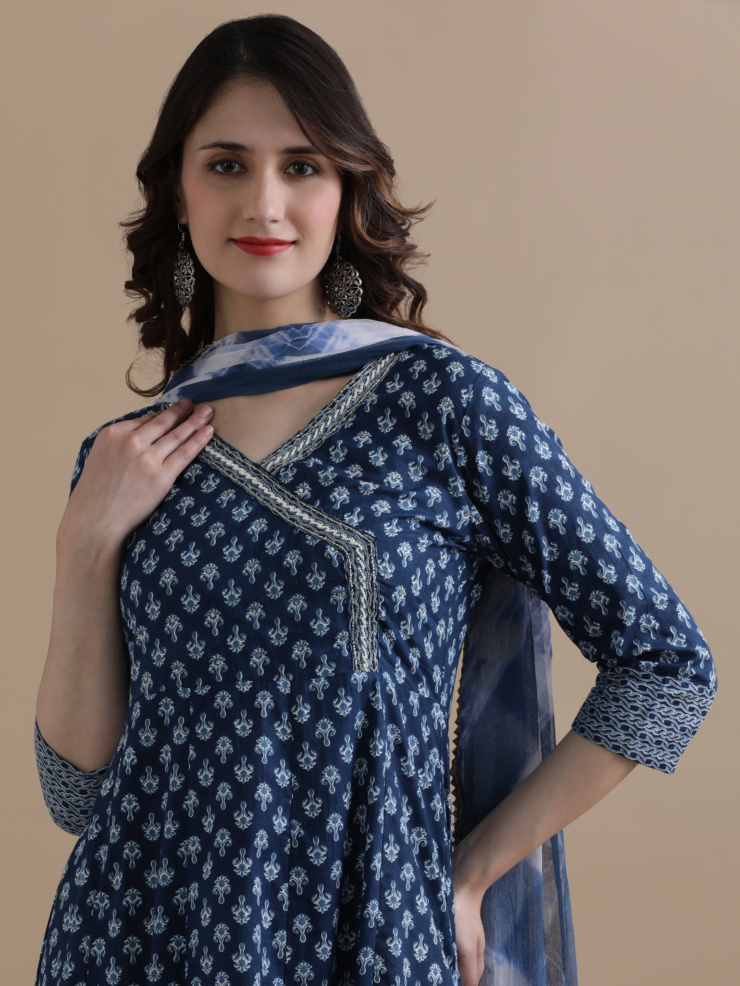 Navy Blue Angrakha Style Floral Printed Thread Work Pure Cotton Kurta With Pant & Chiffon Dupatta