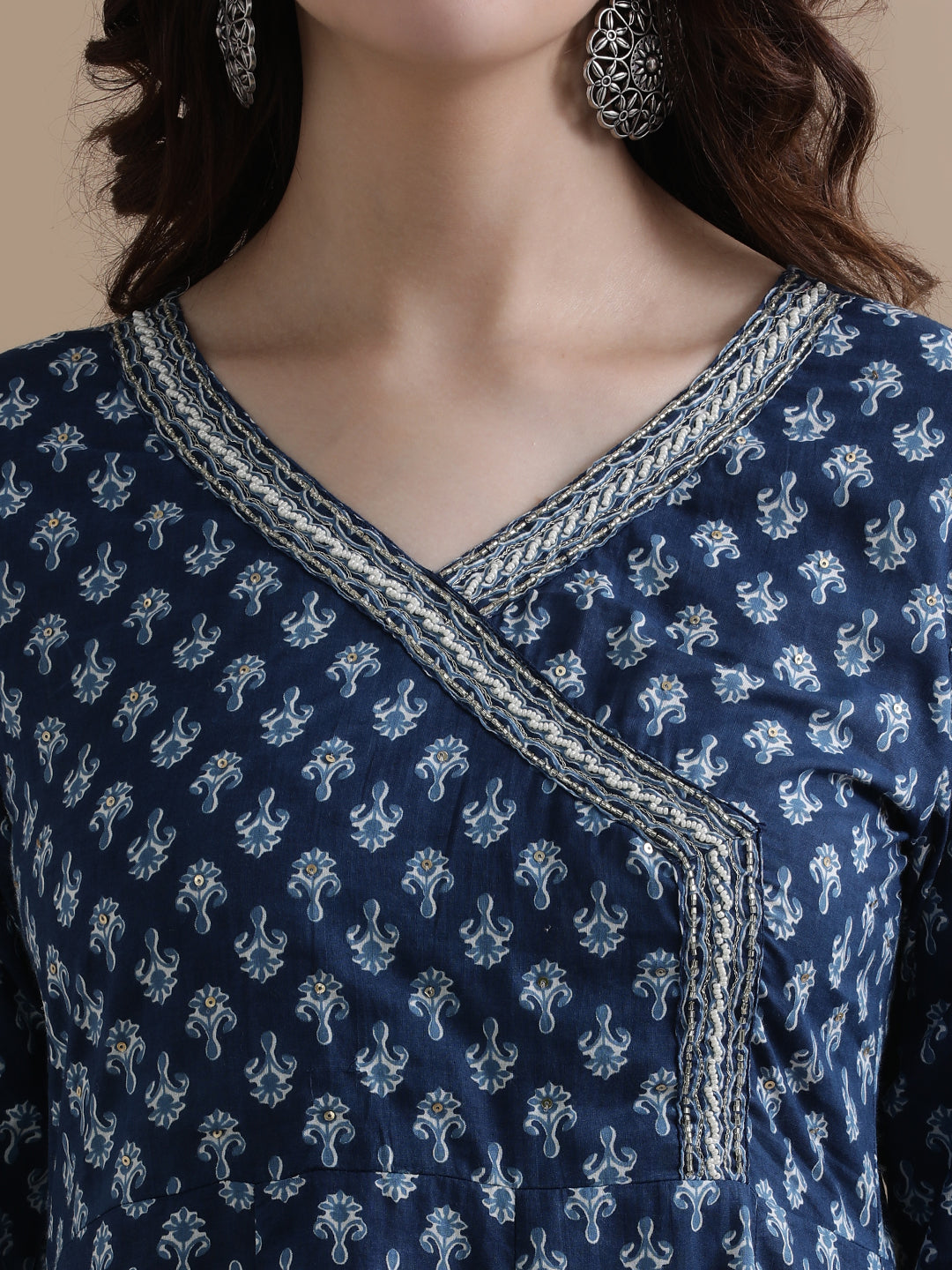 Navy Blue Angrakha Style Floral Printed Thread Work Pure Cotton Kurta With Pant & Chiffon Dupatta