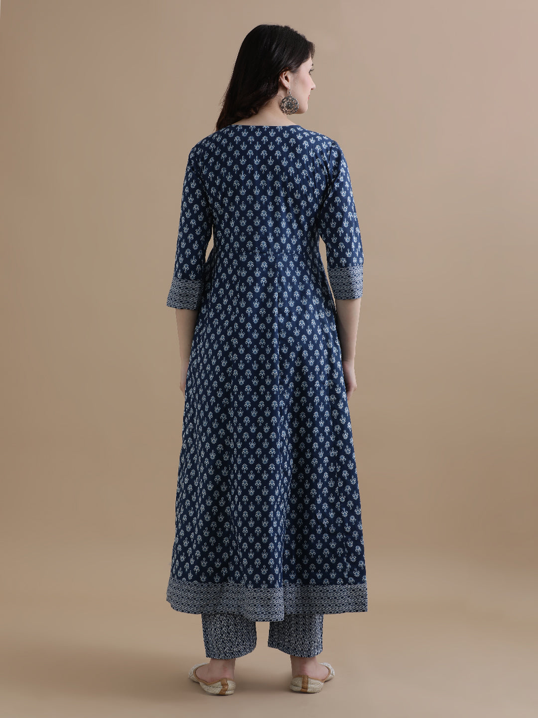 Navy Blue Angrakha Style Floral Printed Thread Work Pure Cotton Kurta With Pant & Chiffon Dupatta