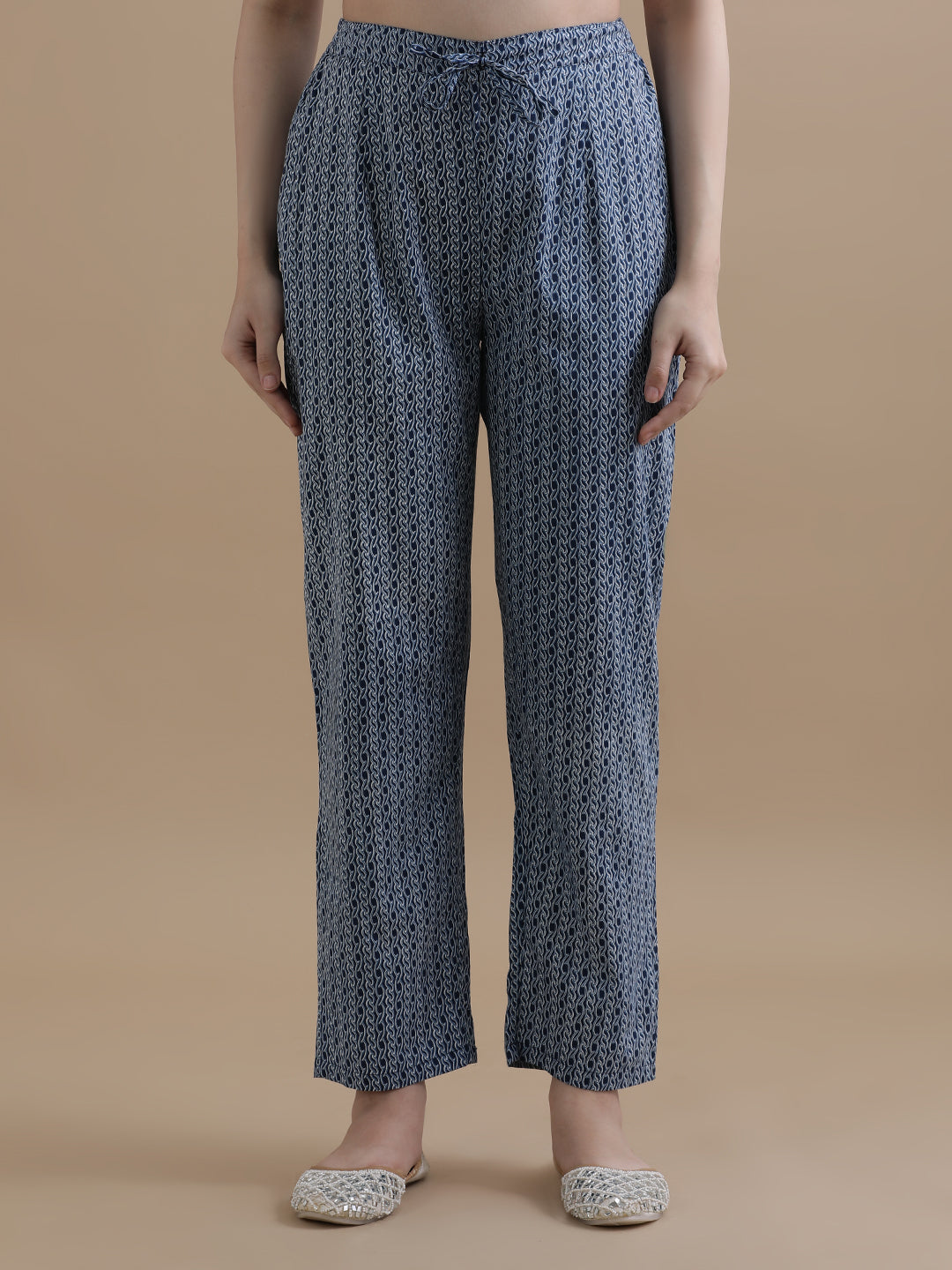 Navy Blue Angrakha Style Floral Printed Thread Work Pure Cotton Kurta With Pant & Chiffon Dupatta