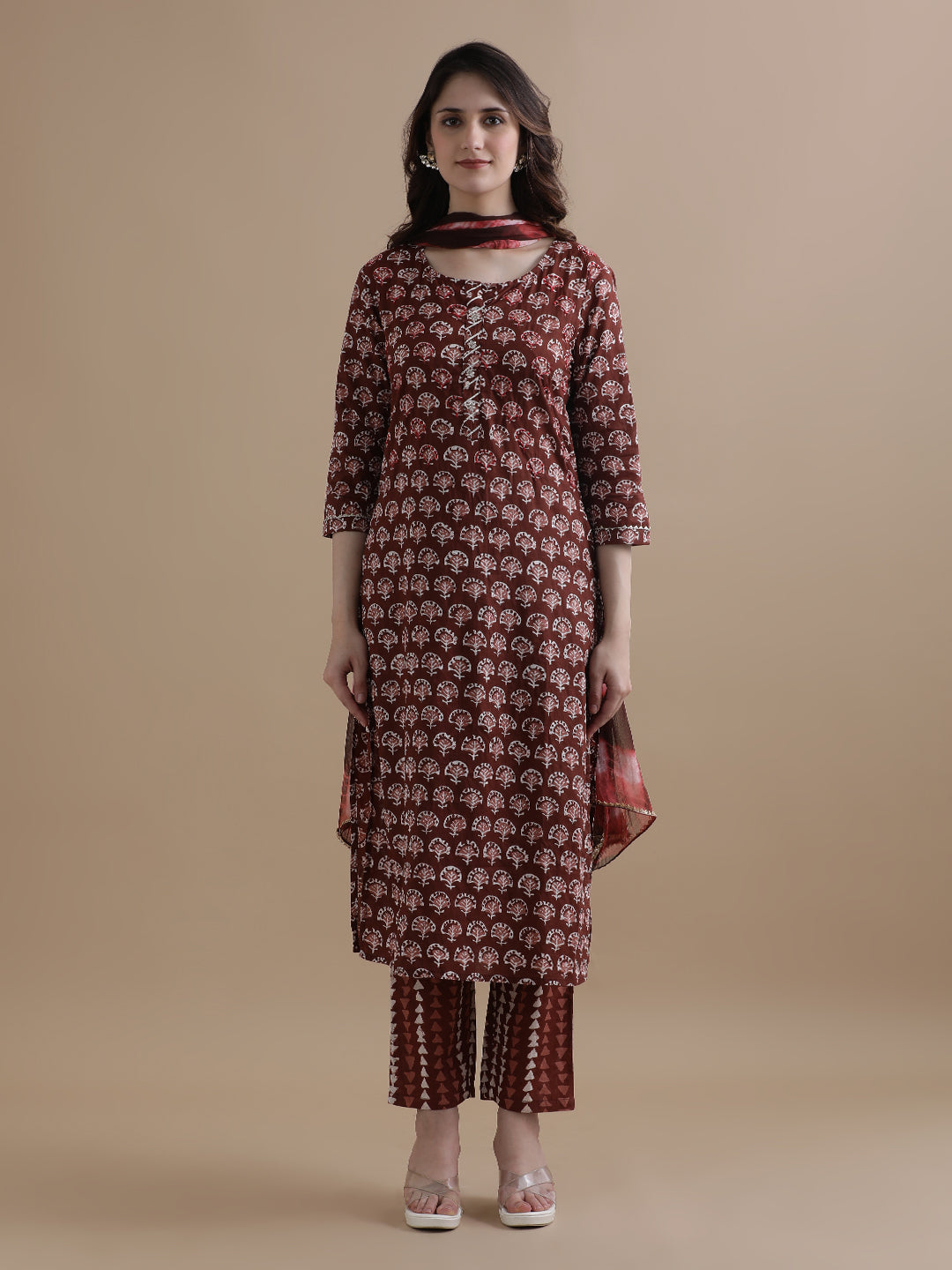 Brown Floral Printed Gotta Patti Pure Cotton Kurta With Pant & Chiffon Dupatta