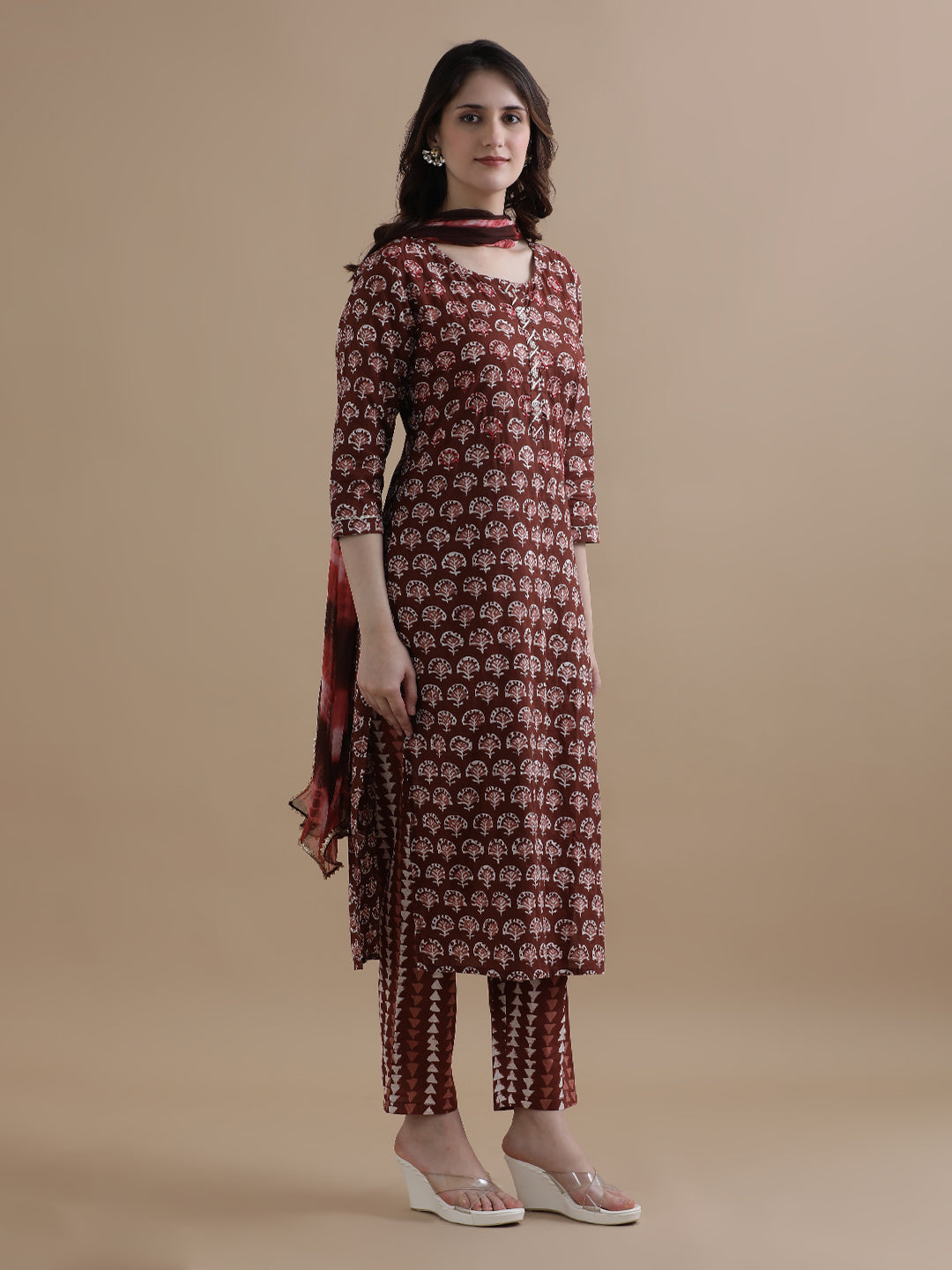 Brown Floral Printed Gotta Patti Pure Cotton Kurta With Pant & Chiffon Dupatta